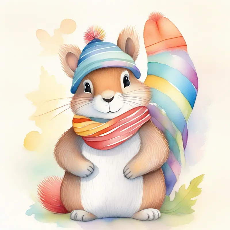 Squirrel looking worried, A friendly bear with a big heart, wearing a colorful scarf with a comforting paw on A tiny squirrel with a fluffy tail, wearing a striped hat's shoulder