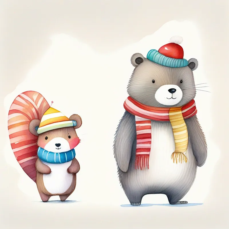 A friendly bear with a big heart, wearing a colorful scarf with a determined expression, A tiny squirrel with a fluffy tail, wearing a striped hat looking hopeful