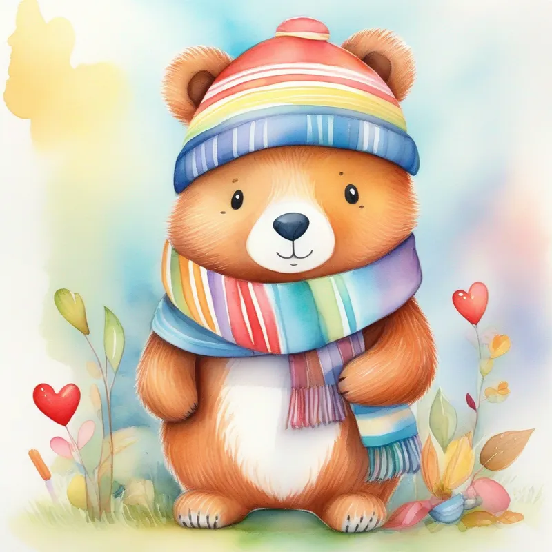 A friendly bear with a big heart, wearing a colorful scarf and A tiny squirrel with a fluffy tail, wearing a striped hat looking disappointed, searching in different places