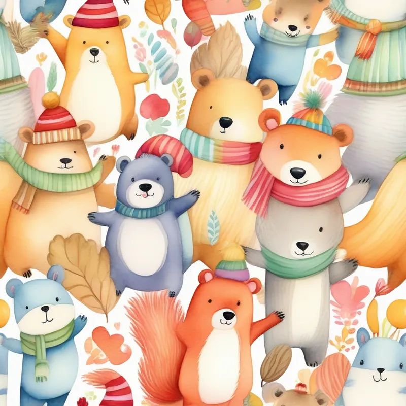 A friendly bear with a big heart, wearing a colorful scarf and A tiny squirrel with a fluffy tail, wearing a striped hat with excitement, other animals gathered around