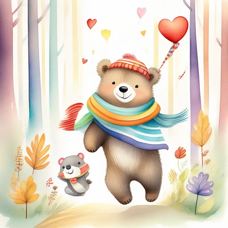 A friendly bear with a big heart, wearing a colorful scarf and A tiny squirrel with a fluffy tail, wearing a striped hat jumping with joy, forest animals celebrating