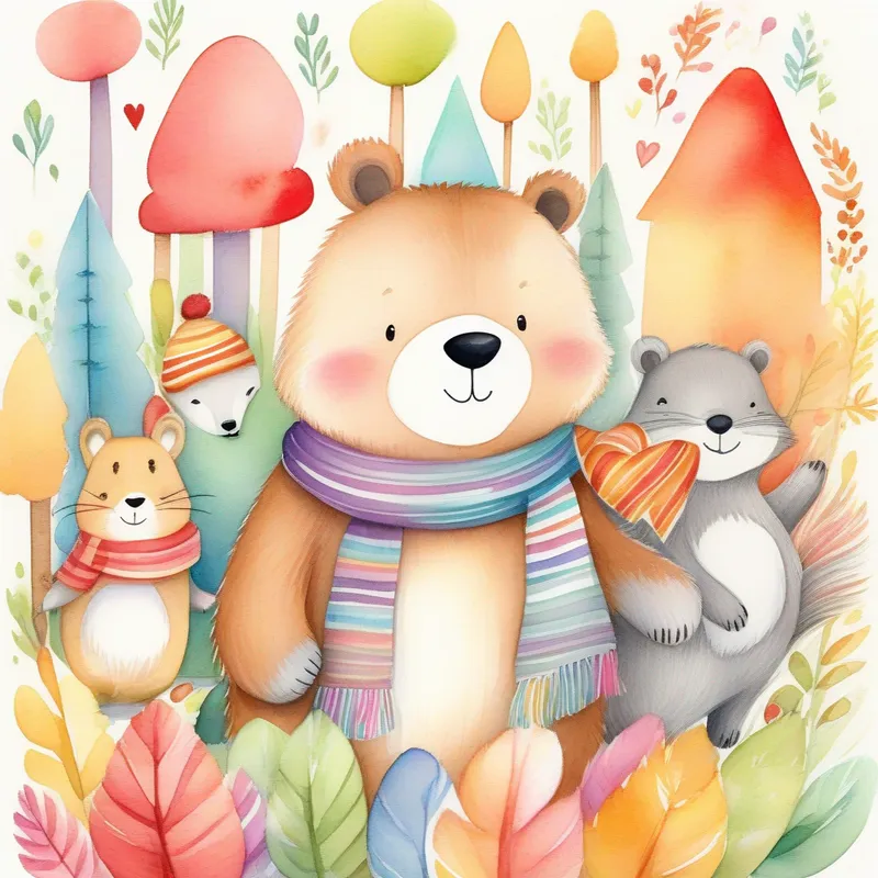 A friendly bear with a big heart, wearing a colorful scarf and A tiny squirrel with a fluffy tail, wearing a striped hat with smiles, surrounded by happy forest animals
