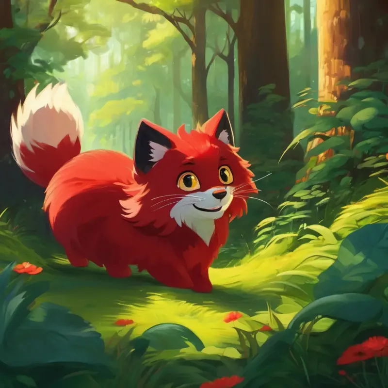 Felix's goal and the setting. Deep forest, Red fur, bright eyes, friendly smile.