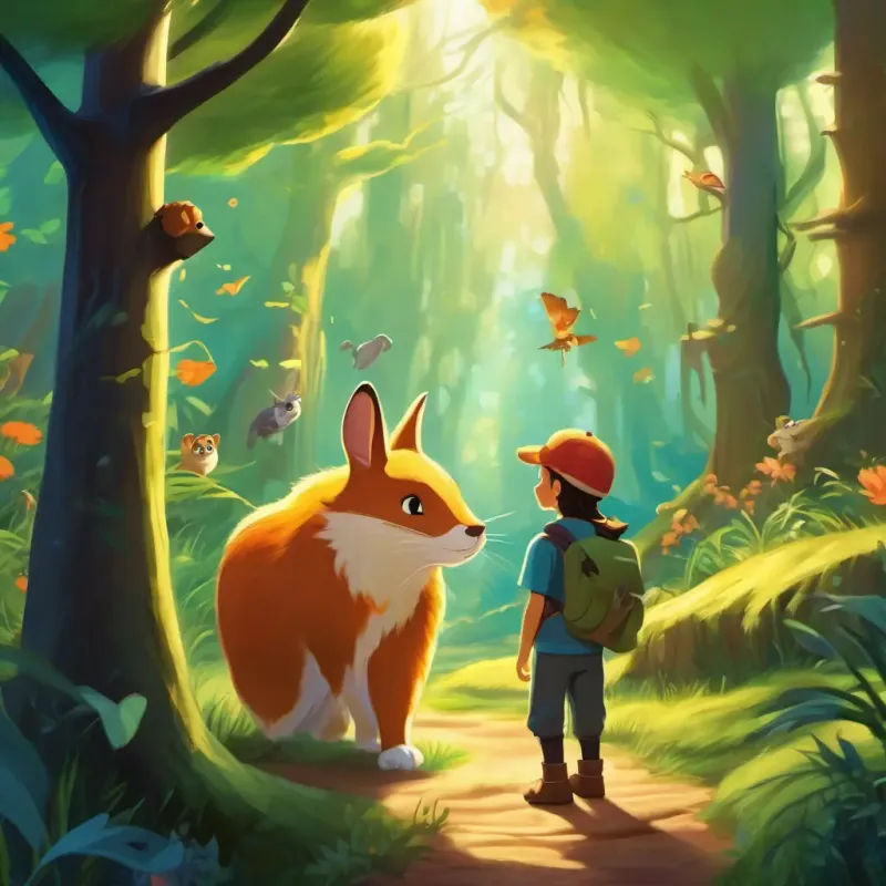 Felix's encounters with the animals. Enchanted forest, Felix and animal friends.