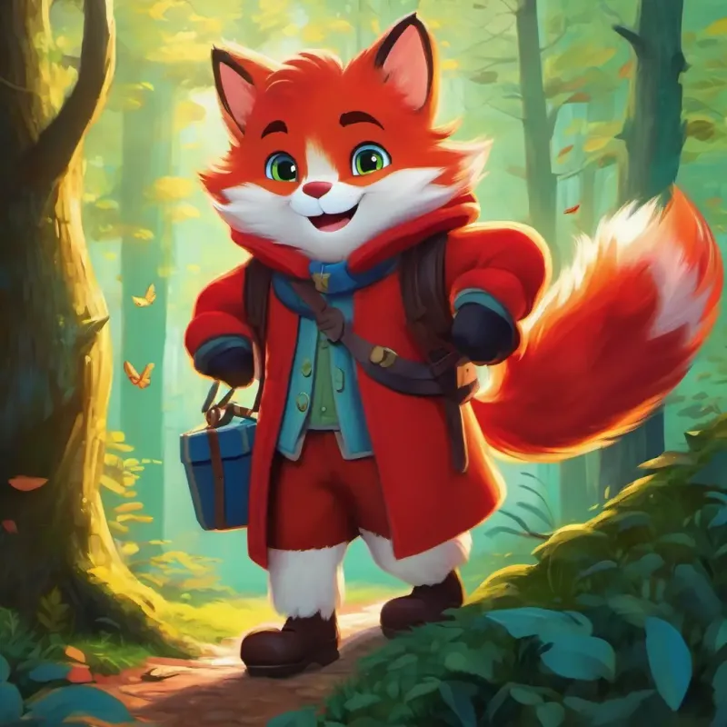Felix's return home and conclusion of the adventure. Enchanted forest, Red fur, bright eyes, friendly smile.