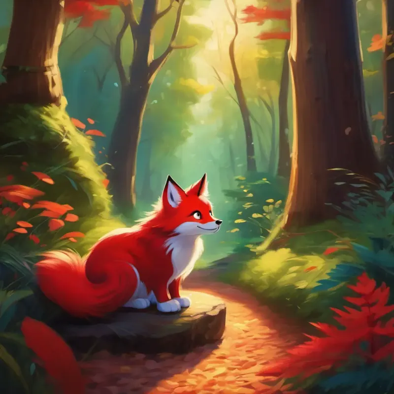 The animals' admiration for Felix and his lasting impact. Enchanted forest, Red fur, bright eyes, friendly smile.