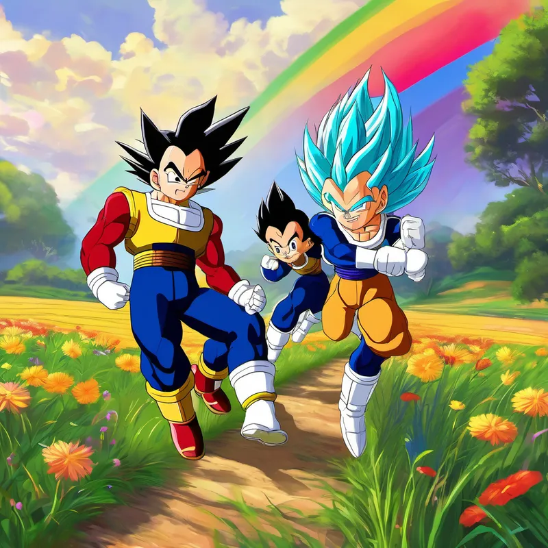 One sunny afternoon, Vegeta and Raditz decided to play in the beautiful fields of Vegetopia. The fields stretched far and wide, full of vibrant flowers and tall green grass. As the boys ran through the fields, their laughter filled the air. Suddenly, a bright rainbow appeared in the sky, and they heard a magical voice coming from it. It said, "Vegeta and Raditz, step into my rainbow and travel back in time to when you were just little boys. Have fun and explore the wonders of your childhood!"
