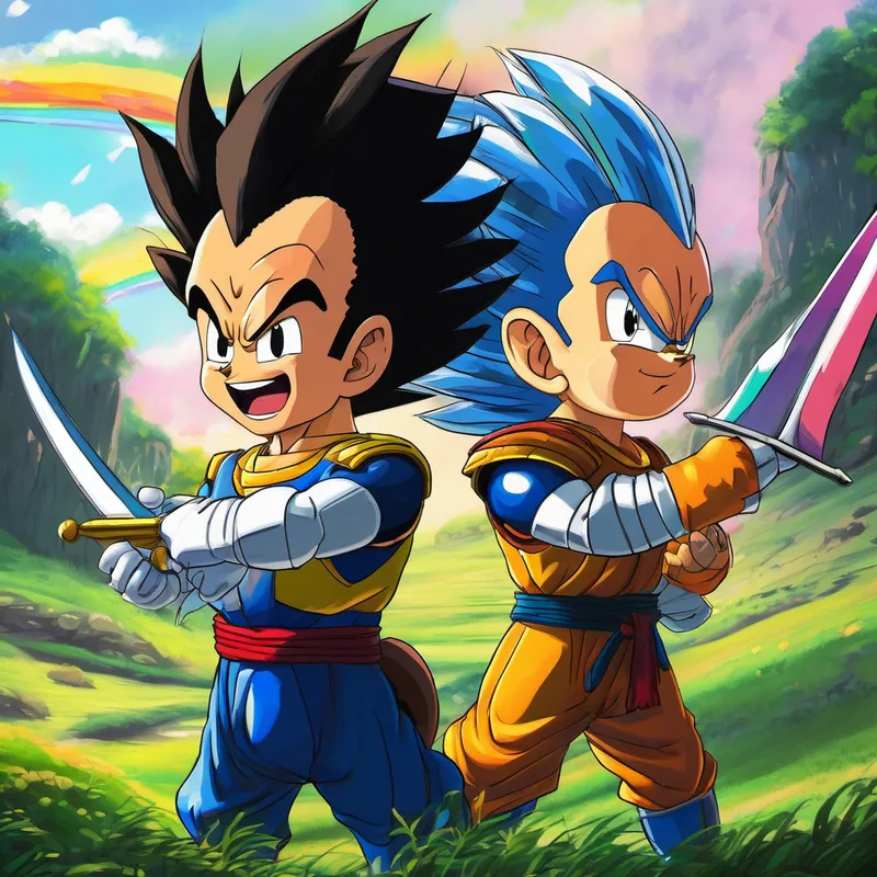 Excited and curious, Vegeta and Raditz stepped into the rainbow and instantly found themselves transported to a time when they were little kids. They looked at each other in amazement and realized they were back in their own childhood. Vegeta and Raditz darted off into the distance, pretending to be brave knights fighting imaginary dragons. They used their imaginary swords, made from sticks they found on the ground, to protect the lands of Vegetopia from all danger. They laughed and giggled as they saved the day, feeling invincible and strong.