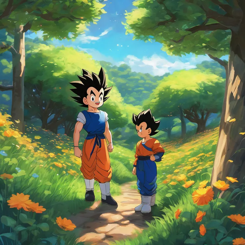 Next, they decided to play hide-and-seek. Vegeta and Raditz hid behind tall trees, under flower bushes, and even in vegetable patches. They tried to outwit each other, making sure they didn't make a sound. Every time one of them found the other, they burst into laughter. As the sun began to set, the boys laid down on the soft grass and looked up at the starry sky. The stars twinkled above them as they imagined beautiful constellations and made up stories about faraway planets.
