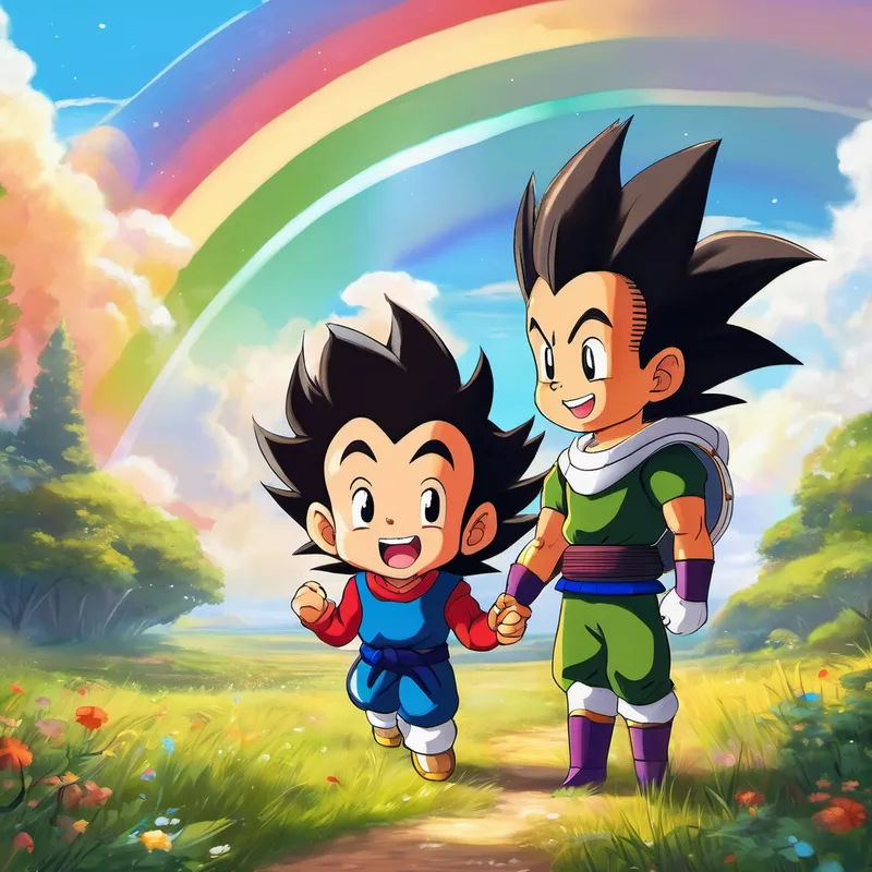 Before they knew it, the rainbow appeared again, and the magical voice announced that it was time for them to return to the present. Vegeta and Raditz smiled happily, knowing they would always cherish their time as little kids, playing and having fun together. As they walked back to their homes hand-in-hand, they promised each other to remain best friends forever. They knew that even as they grew older, they could always find joy and adventure in their memories and continue making new ones together.
