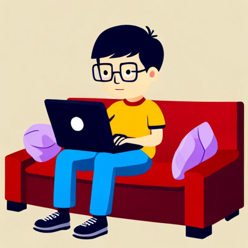 A boy with glasses and a laptop designing a website on his laptop