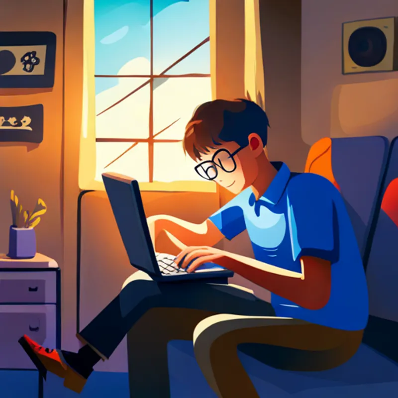 A boy with glasses and a laptop typing on his laptop with search engine results