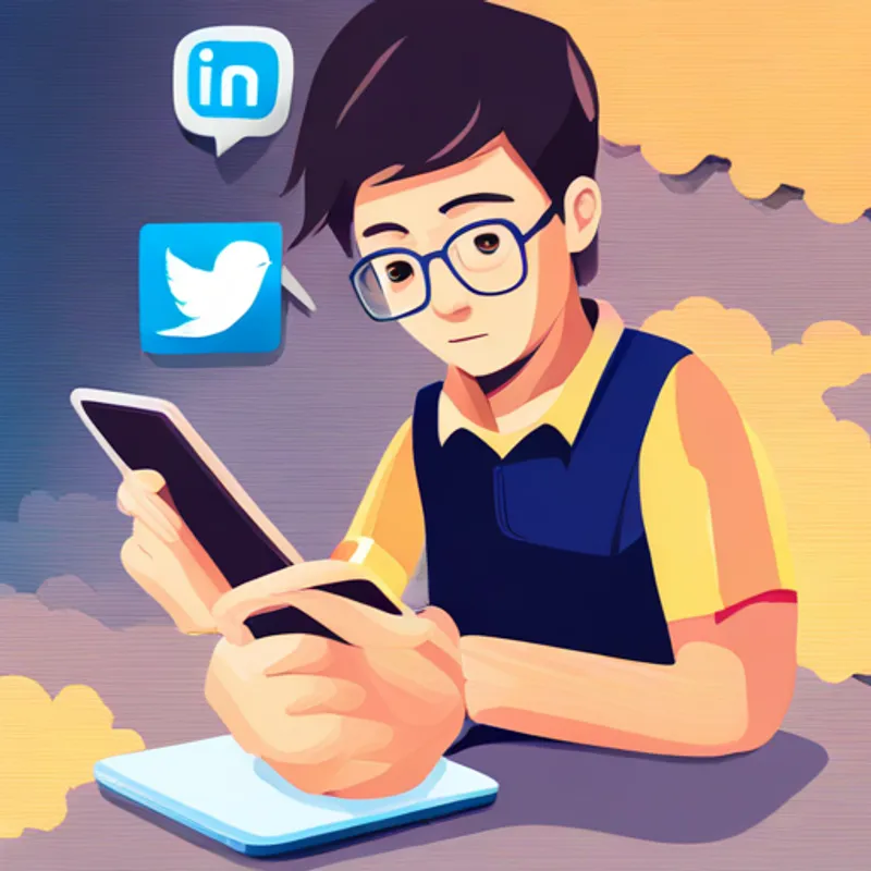 A boy with glasses and a laptop holding a smartphone with social media icons