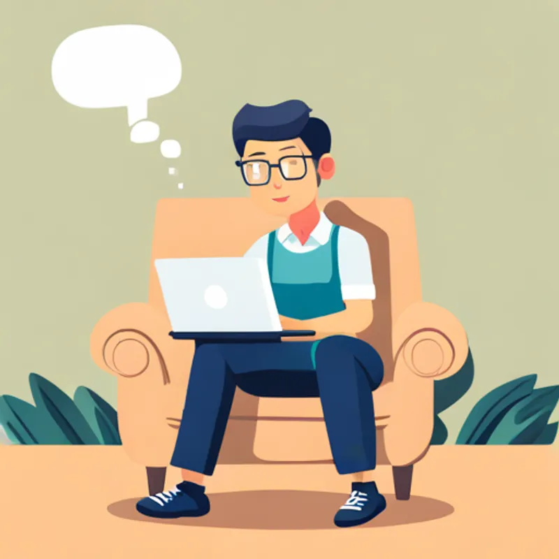 A boy with glasses and a laptop with a thought bubble of PPC ads