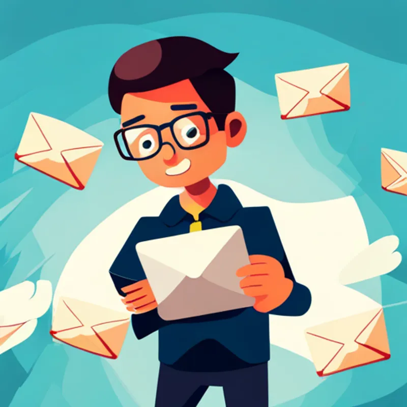 A boy with glasses and a laptop sending an email on his laptop with envelopes flying out