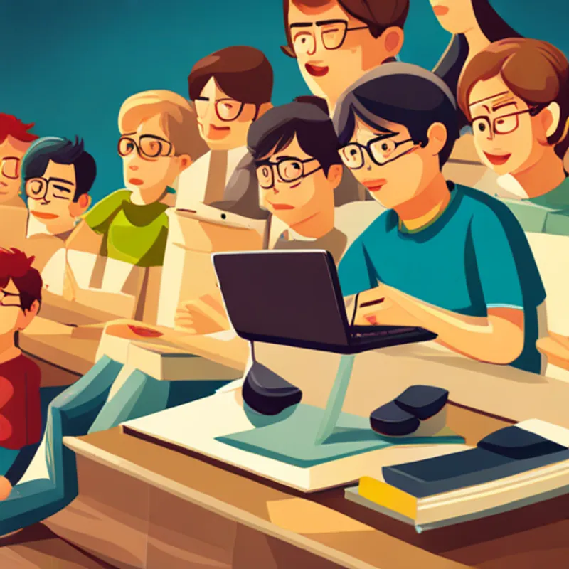 A boy with glasses and a laptop writing a blog post with a crowd of readers