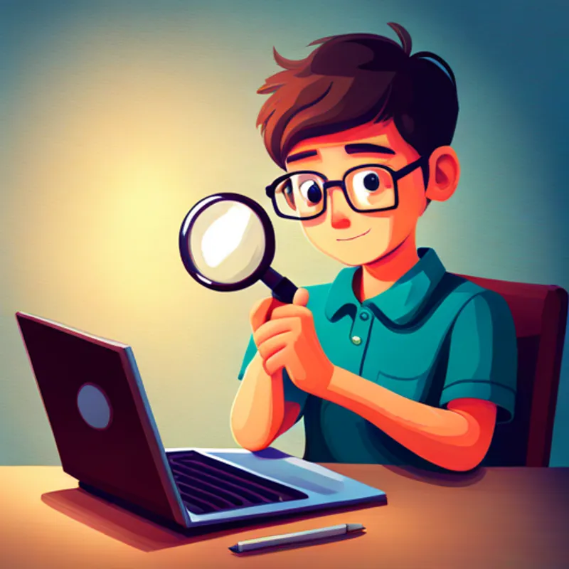 A boy with glasses and a laptop with a magnifying glass analyzing website data
