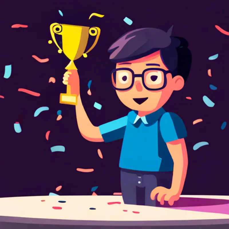 A boy with glasses and a laptop celebrating with confetti and a trophy