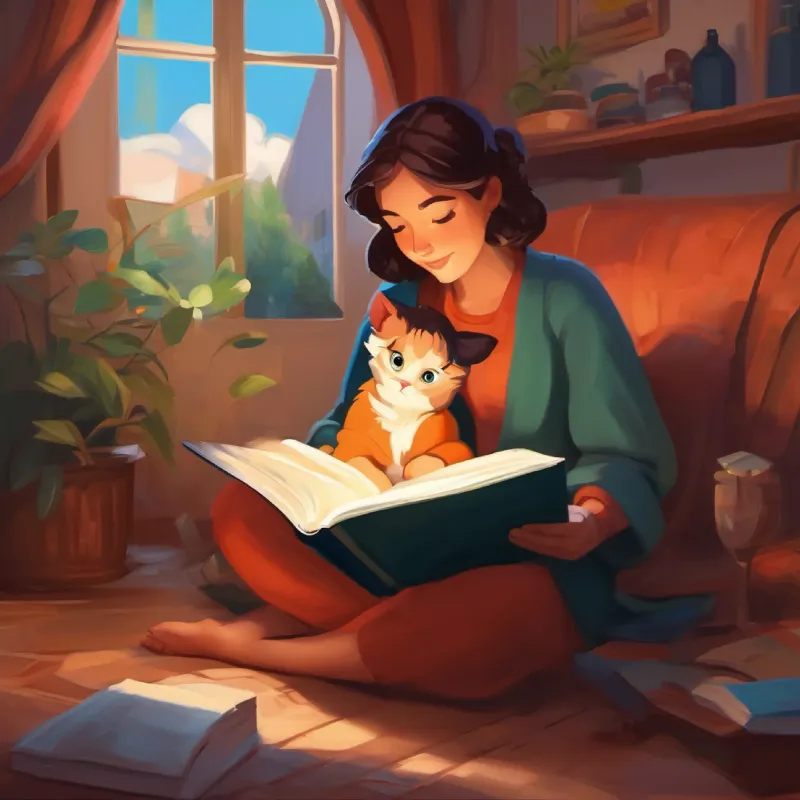 Gökçen reads, Misha cuddles with her.