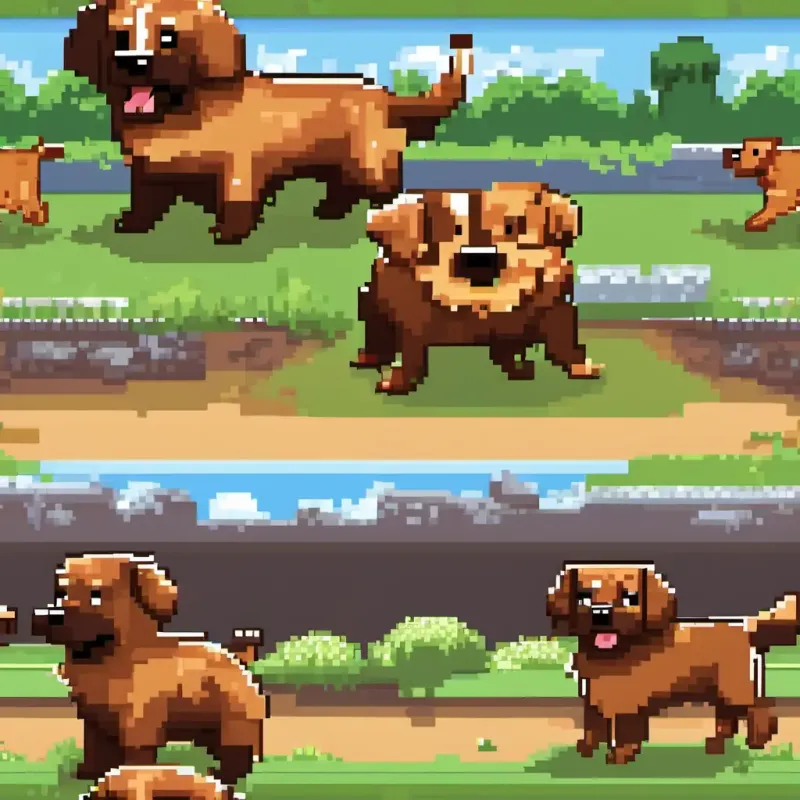 A happy dog with brown fur and twinkling eyes, a sad dog with brown fur, barks at children and they run away