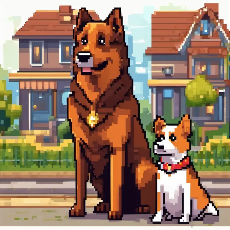 A happy dog with brown fur and twinkling eyes, a determined dog with brown fur, talks to A wise dog in the neighborhood, a wise dog