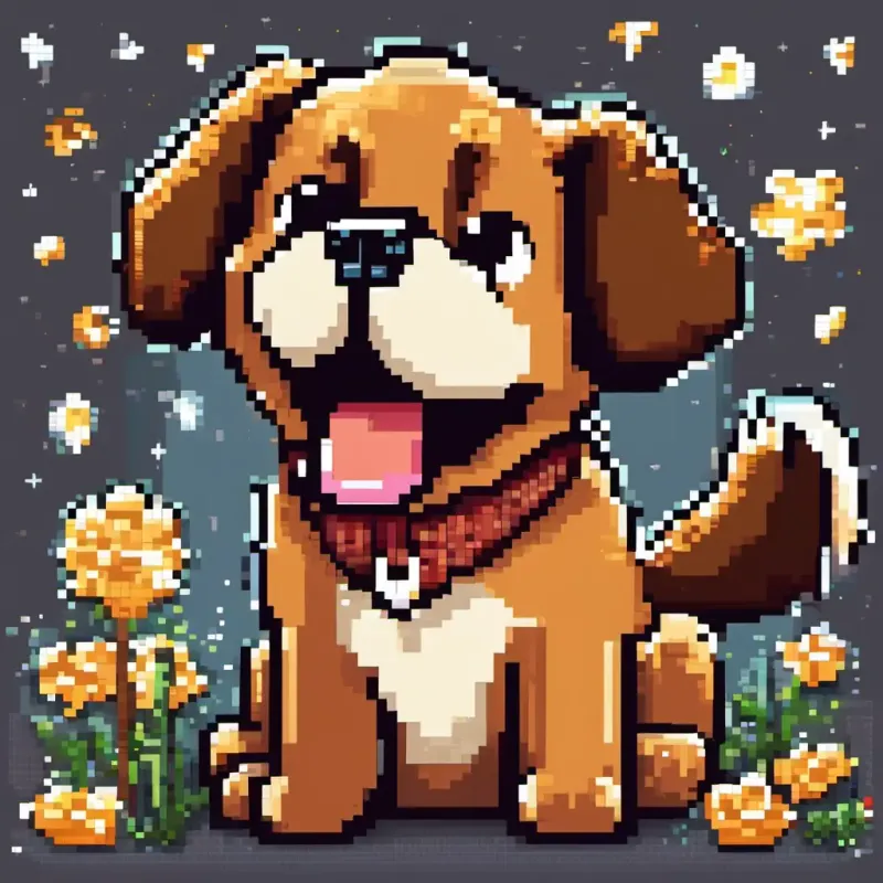 A happy dog with brown fur and twinkling eyes, a happy dog with brown fur, wags her tail and barks softly at children