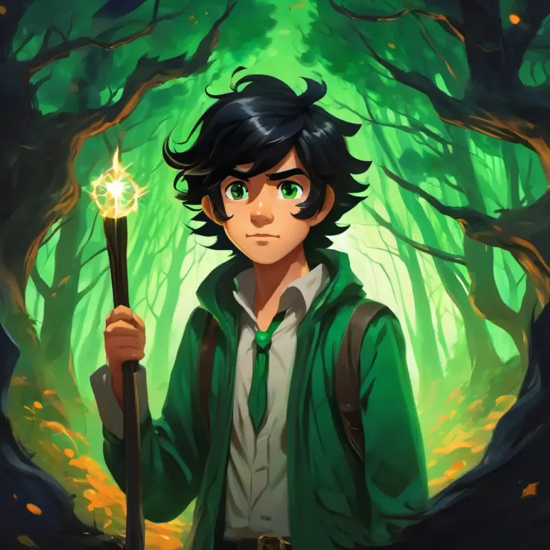 Messy black hair, emerald green eyes, lightning-shaped scar on forehead holding his wand, standing at the entrance of the Forbidden Forest