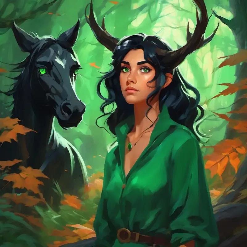 Messy black hair, emerald green eyes, lightning-shaped scar on forehead attentively listening to Firenze, the centaur, in the mystical Forbidden Forest