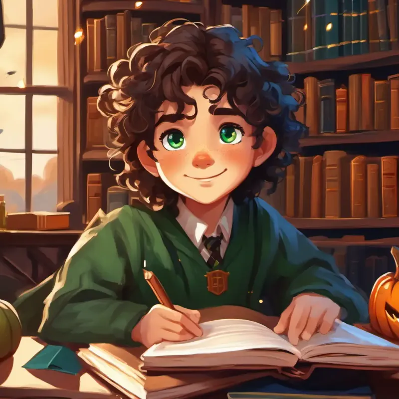 Messy black hair, emerald green eyes, lightning-shaped scar on forehead, Curly brown hair, wise brown eyes, always carrying a stack of books, and Ginger hair, freckles, friendly blue eyes researching and experimenting in the library at Hogwarts
