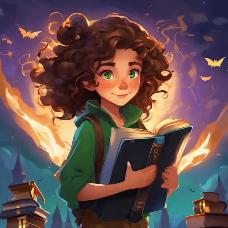 Messy black hair, emerald green eyes, lightning-shaped scar on forehead, Curly brown hair, wise brown eyes, always carrying a stack of books, and Ginger hair, freckles, friendly blue eyes using magic to heal and bring joy to others