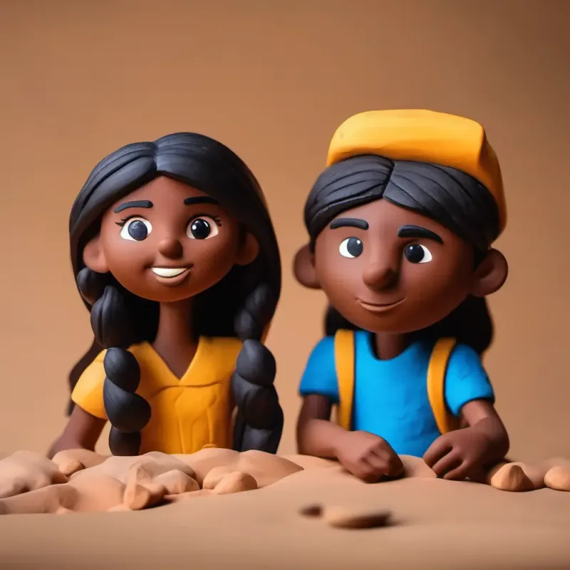 Energetic boy, brown skin, dark hair, curious brown eyes and Graceful girl, brown skin, long black hair, kind brown eyes reflect on their adventure