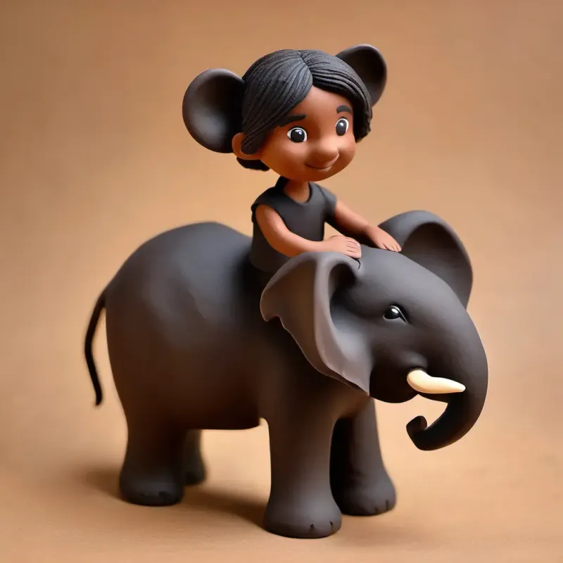 Energetic boy, brown skin, dark hair, curious brown eyes and Graceful girl, brown skin, long black hair, kind brown eyes discover Elephant-headed, large, with a gentle smile and wise brown eyes and Tiny, quick, mouse with sparkling black eyes and brown fur