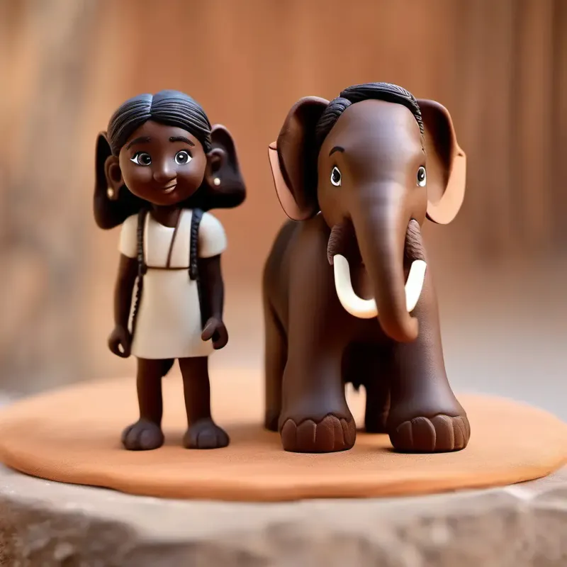 Elephant-headed, large, with a gentle smile and wise brown eyes advising Energetic boy, brown skin, dark hair, curious brown eyes and Graceful girl, brown skin, long black hair, kind brown eyes