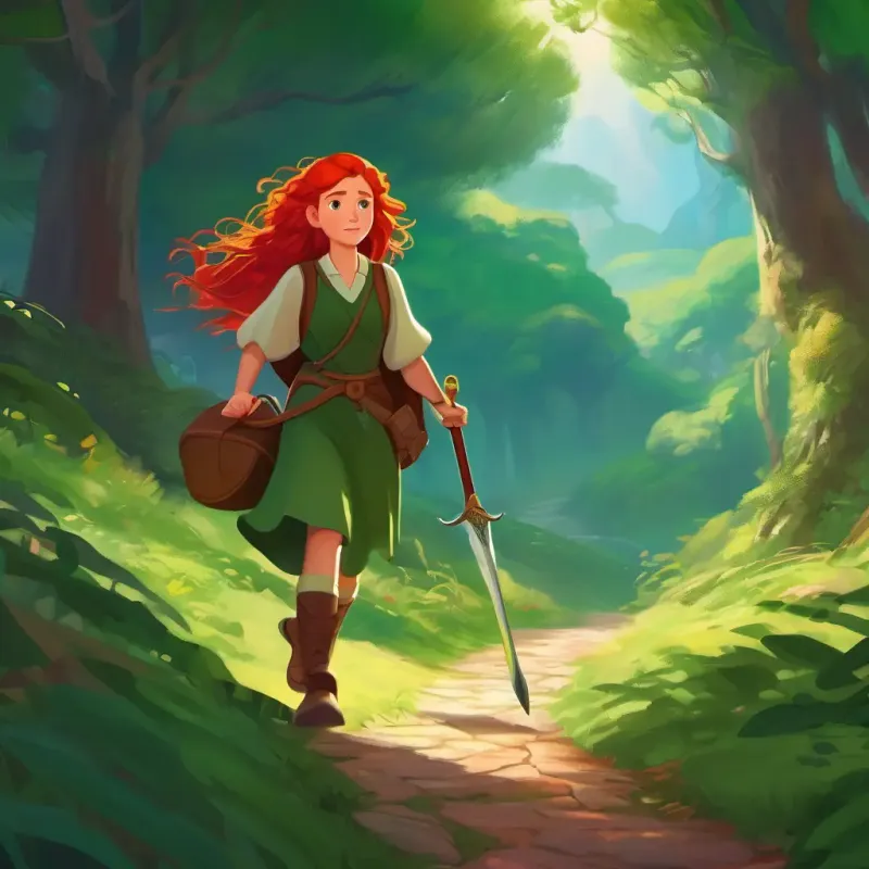 Red hair, green eyes, brave and determined girl on a magical quest sets off on her journey, determined and filled with hope.