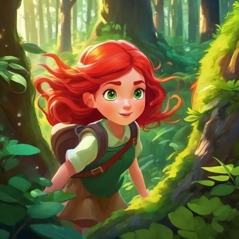 Red hair, green eyes, brave and determined girl on a magical quest and her friends face a playful challenge in the magical forest.