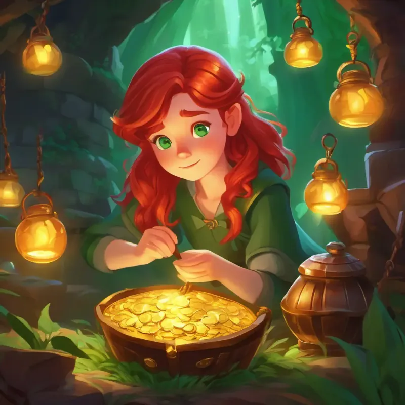 Red hair, green eyes, brave and determined girl on a magical quest's determination pays off as she finds the treasure and learns a valuable lesson.