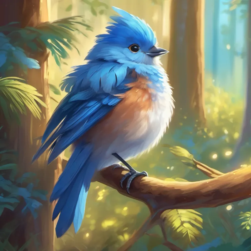Introduction to Young bird with fluffy blue feathers and sparkling wingtips in her home forest, morning time.