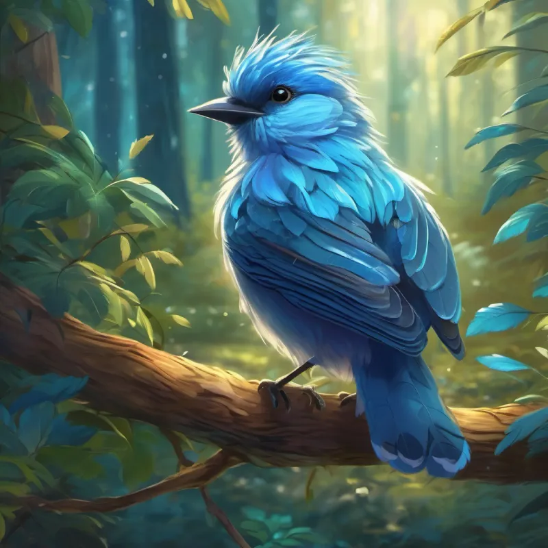 Young bird with fluffy blue feathers and sparkling wingtips playing games in different parts of the forest.