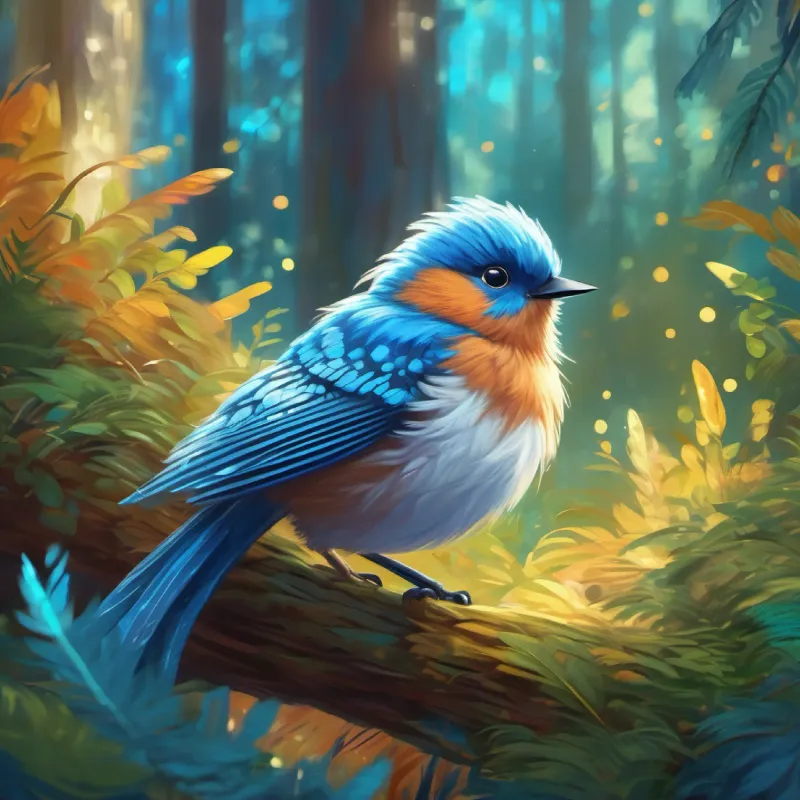 Young bird with fluffy blue feathers and sparkling wingtips exploring a new, colorful part of the forest.