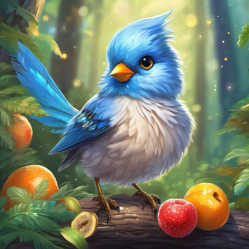 Young bird with fluffy blue feathers and sparkling wingtips tasting different fruits in the forest.