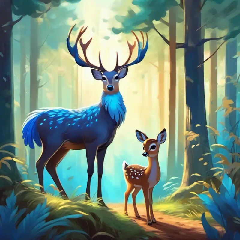 Young bird with fluffy blue feathers and sparkling wingtips meeting a new deer friend in the forest.