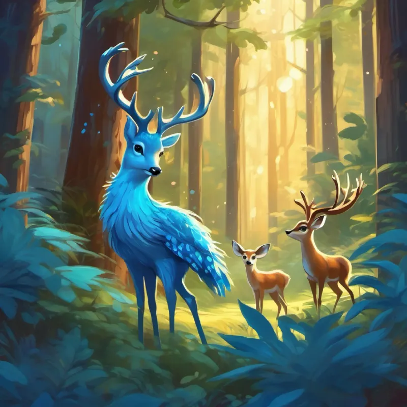 Young bird with fluffy blue feathers and sparkling wingtips and the deer finding a great hiding spot.