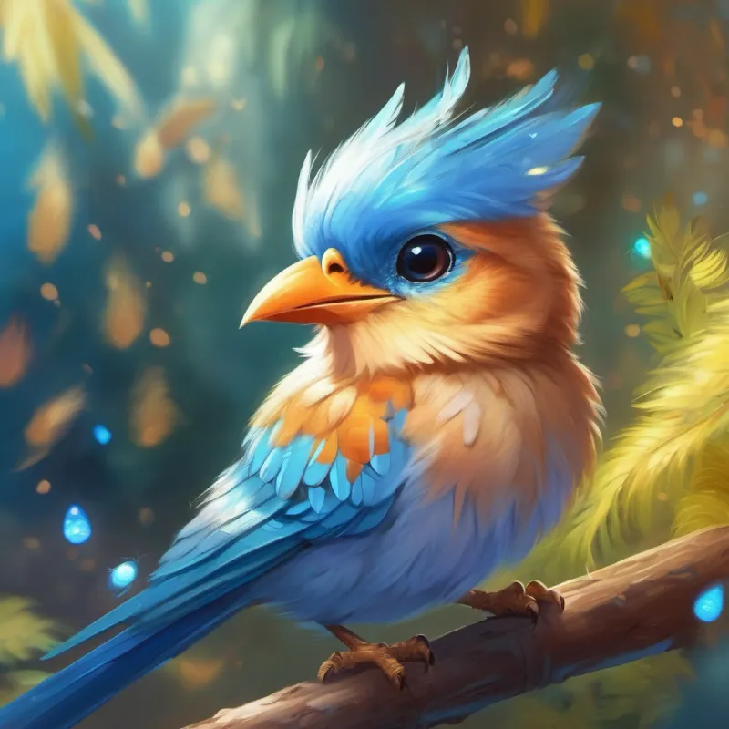 Young bird with fluffy blue feathers and sparkling wingtips's friends find her, and they enjoy the rest of the day together.
