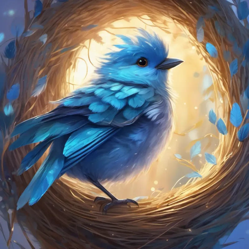 Young bird with fluffy blue feathers and sparkling wingtips reflecting on her day back in her nest, ready for sleep.