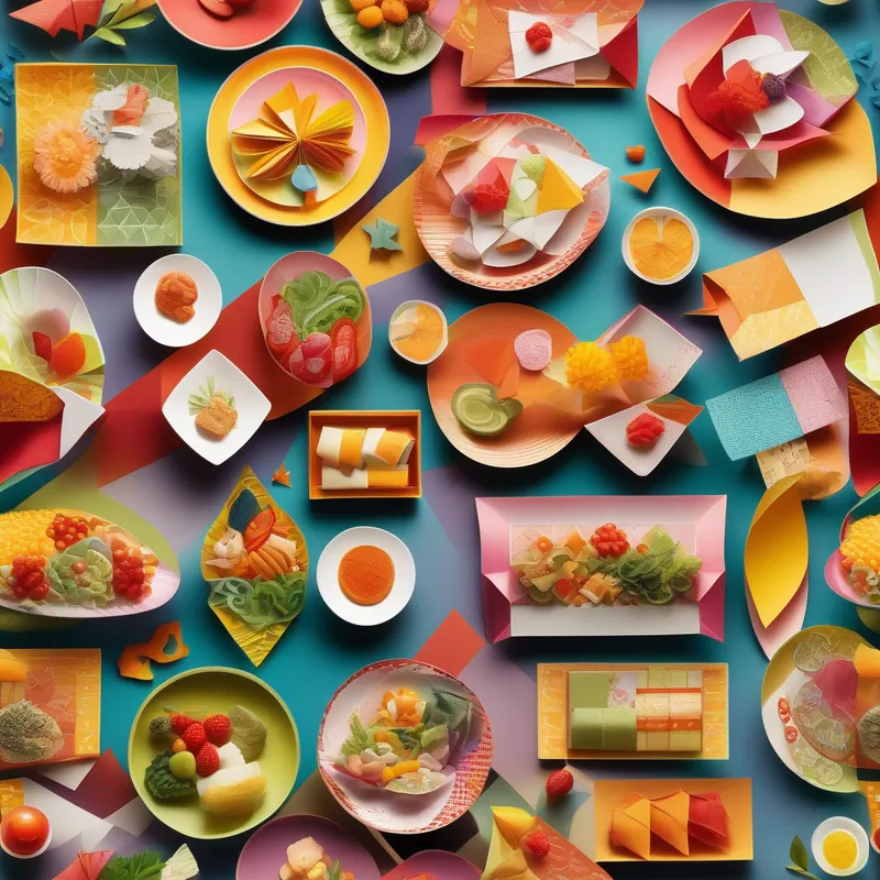 Menu with pictures, different-colored plates, happy people eating