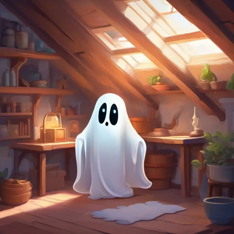 Introducing Shy ghost, white with big, comforting eyes, slightly transparent, a ghost in a cozy attic, alone and shy.