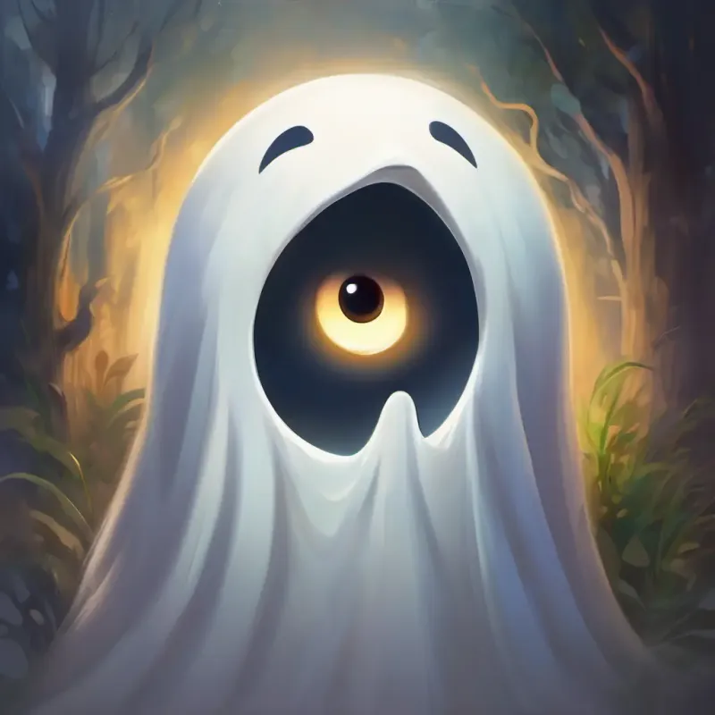 Shy ghost, white with big, comforting eyes, slightly transparent's fear of loud noises is depicted.