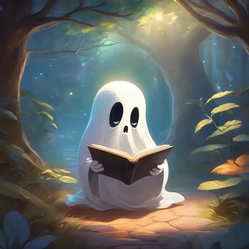 Shared activity, reading, helps Shy ghost, white with big, comforting eyes, slightly transparent overcome his fear.
