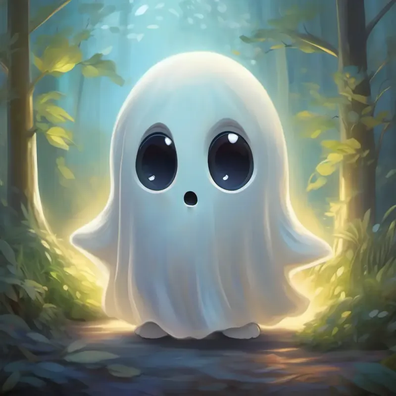 Transformation, Shy ghost, white with big, comforting eyes, slightly transparent now plays outside, overcoming his fears.