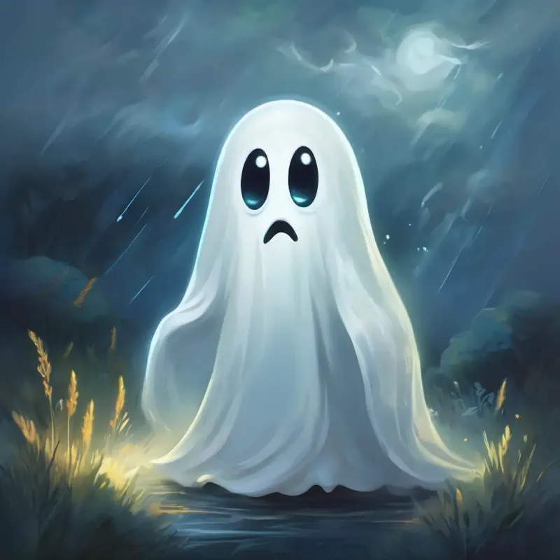 Shy ghost, white with big, comforting eyes, slightly transparent is frightened by a thump during a storm, hides for safety.